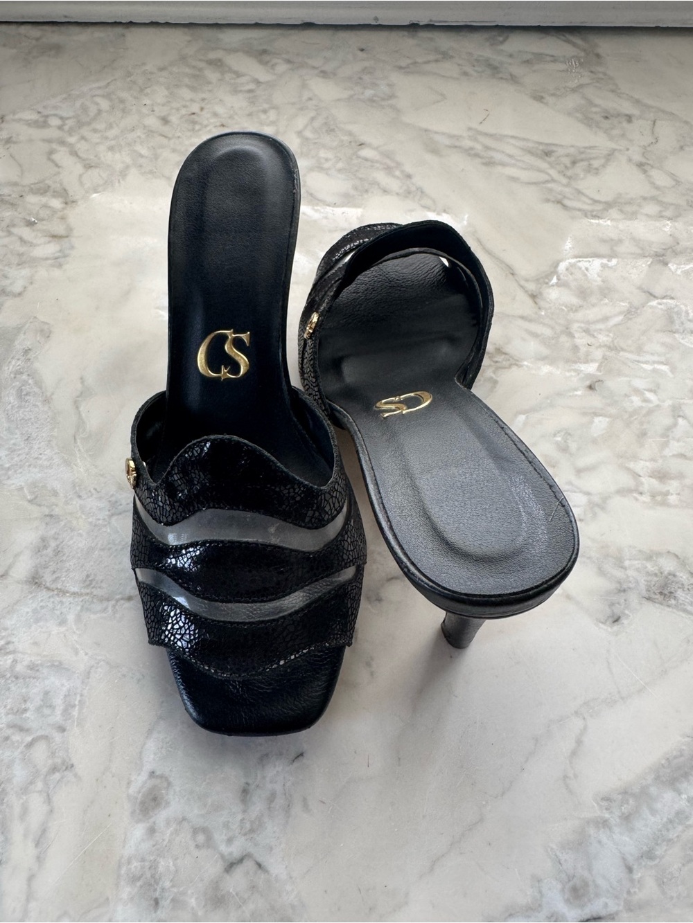 Brazilian Black Leather Snake-Texture Slip-On Kitten Heeled Sandals